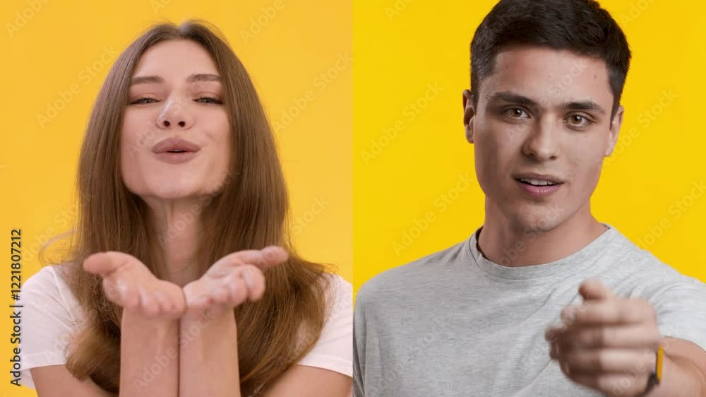 Poster Two diverse individuals showcase a range of emotions through engaging gestures. The bright yellow backdrop enhances their expressive features and lively interaction, reflecting a vibrant lifestyle.