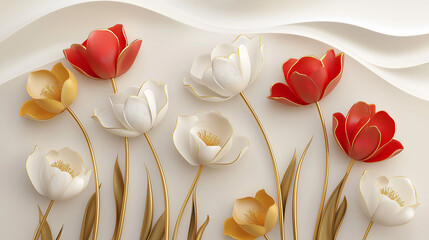 A stylized floral wallpaper is displayed with white, red, and yellow tulips