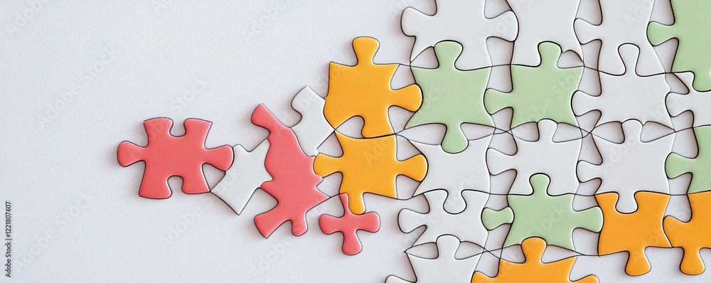 Poster dream goal and plan strategy actions concepts, colorful puzzle pieces assembling on a light backgrou