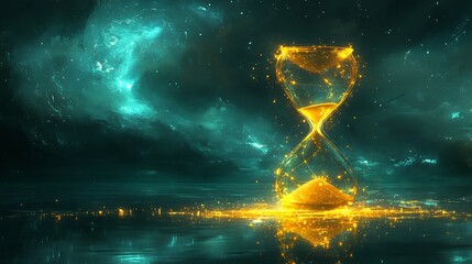 Glowing Hourglass Sands Slowly Falling Teal Cosmic Background. AI Generated
