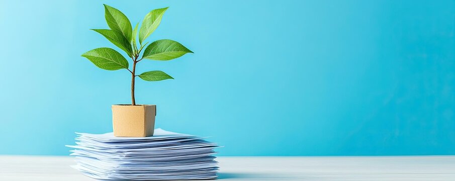 Dream goal and plan strategy actions concepts, Green Plant Growing on Pile of Papers Symbolizing Sustainability and Environmental Responsibility