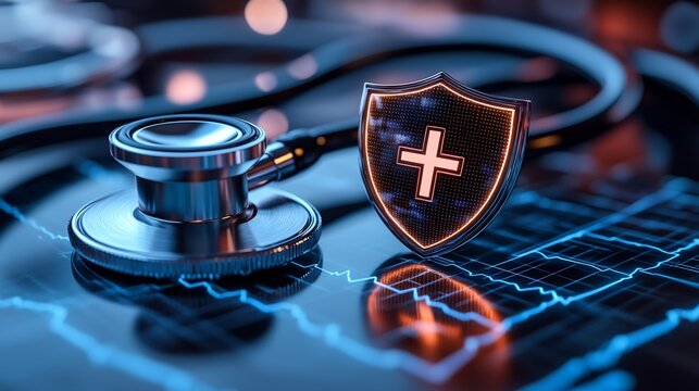 Stethoscope and glowing shield protect digital health data. AI Generated