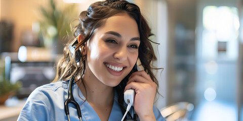Smiling healthcare professional answering calls at reception, Medical staff providing excellent customer service

