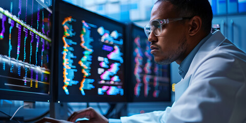 Scientist analyzing genetic data on multiple computer screens, Advanced bioinformatics research and genome sequencing

