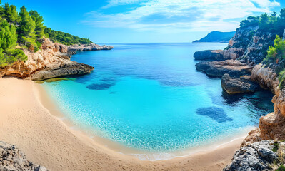 Fototapeta premium A beautiful beach with a clear blue ocean and a rocky shore