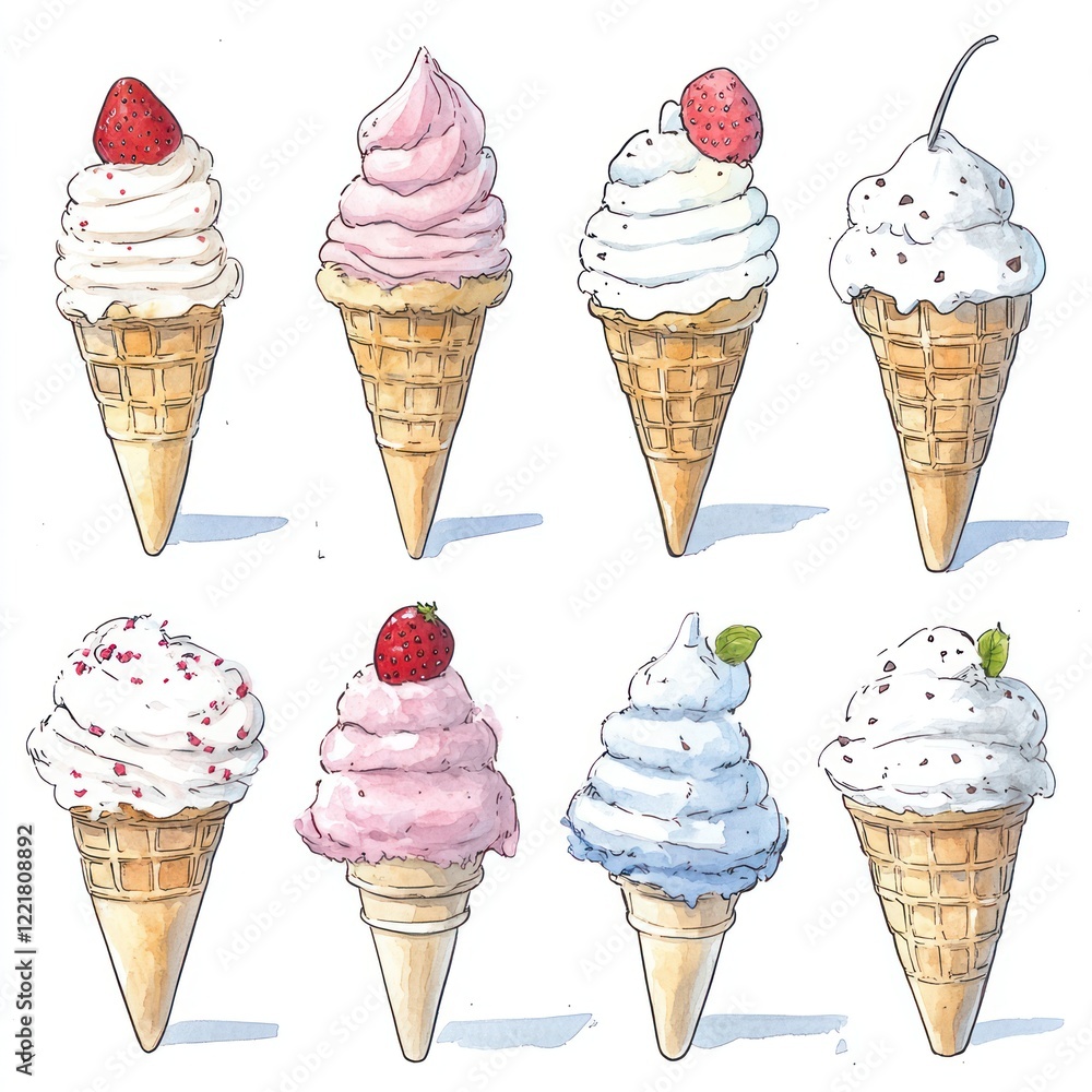 Aufkleber eight different flavors of soft-serve ice cream in waffle cones with various toppings.