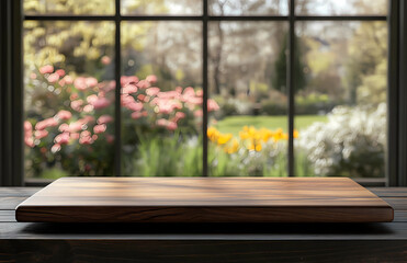 Fototapeta premium A wooden table with a window in the background