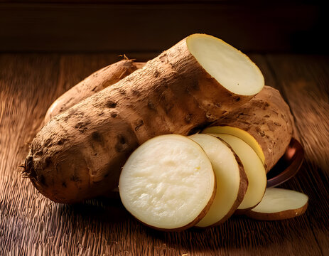 Long brown tubers, some sliced to reveal white interiors, rest on a dark wood surface