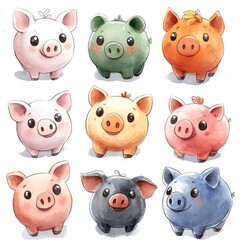 Nine adorable cartoon pigs in different colors and poses on a white background.