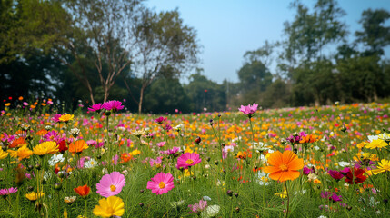 Spring in India, fields of colorful flowers blooming, shady trees and bright blue skies. Ai generated images.