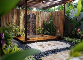 Podium batu dengan latar belakang hutan tropis, cocok untuk presentasi produk. Pemandangan  with generative ai