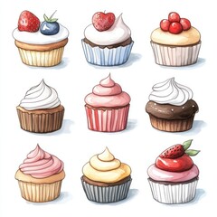 Nine colorful and decorated cupcakes with various toppings,  isolated on white background.