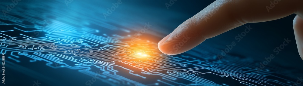 Poster finger initiates connection, exploring the intricate network of circuits on a printed circuit board,