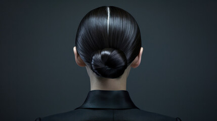 sleek, polished hairstyle featuring smooth bun at back of person head, showcasing elegance and sophistication against dark background