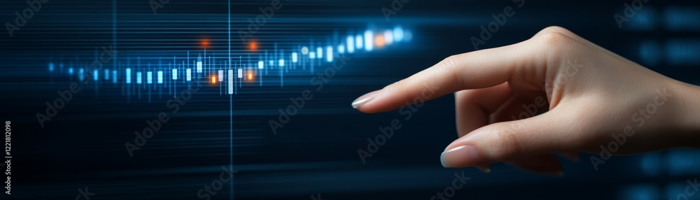 Aufkleber analyzing business growth and performance, hand interacting with bar chart data visualization