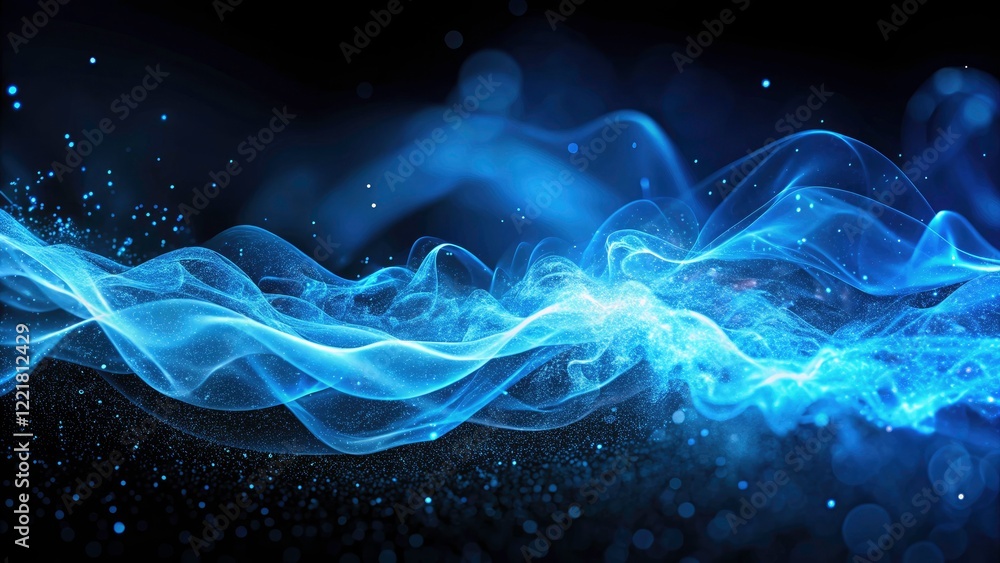 Aufkleber abstract blue smoke wave on black background, digital particles in motion, 3d rendered bokeh effect,