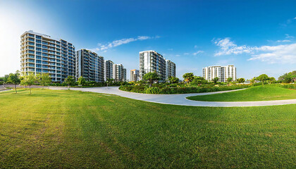 Obraz premium A newly built apartment building under the blue sky. A high-rise apartment building with various types of apartments.