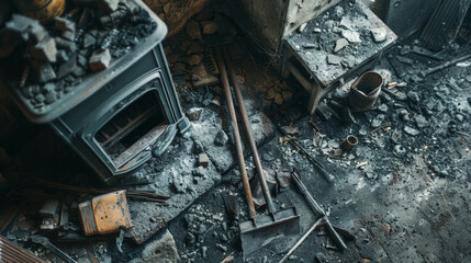cluttered room with stove, tools, and debris scattered on floor