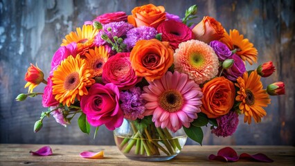 Obraz premium Vibrant bouquet of multicolored roses, gerbera daisies, and other blossoms arranged in a clear glass vase on a rustic wooden surface