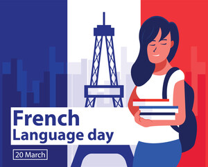illustration vector graphic of A student holds books and a bag, displaying the French flag, perfect for international day, french language day, celebrate, greeting card, etc.
