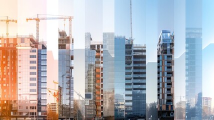 A time-lapse style image of a building being constructed, showing various stages of development with clear skies