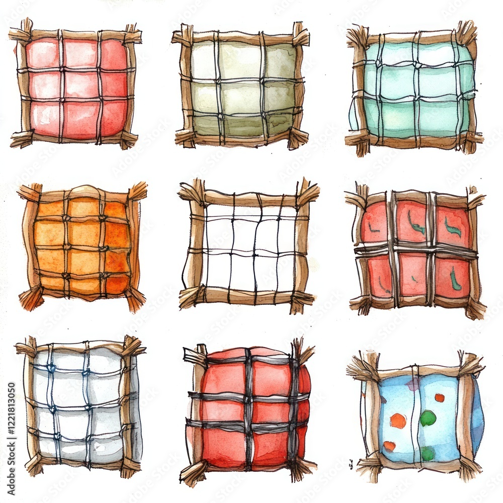 Poster Nine colorful square frames with different textures on a white background.
