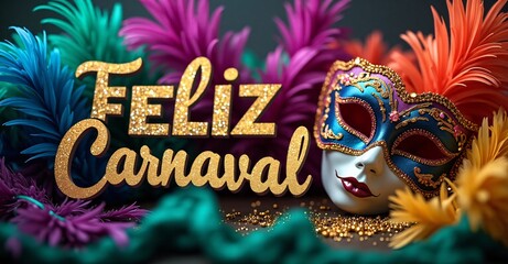 FELIZ Carnaval 2025 Brazilian Carnaval celebration banner with colorful masquerade masks, glittering confetti, and feathers with text feliz carnaval