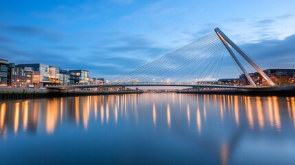 Naklejka premium Cityscape bridge twilight reflection; urban travel.