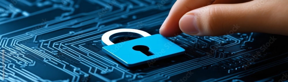 Poster hand securing circuit with padlock, cybersecurity, data protection and access control concept in dig