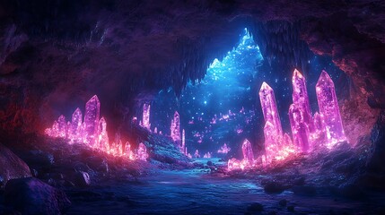 Glowing Crystals Illuminate a Magical Crystal Cave