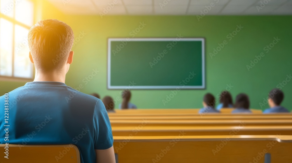 Poster boy engages with interactive green screen technology in modern classroom setting for enhanced learni