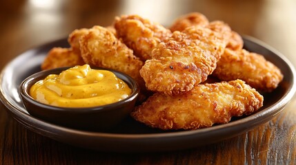 Crispy golden chicken tenders gleam invitingly next to tangy mustard dipping sauce. AI Generated