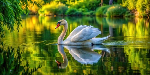 Obraz premium Aerial View of Mute Swan (Cygnus Olor) Gliding Gracefully on Calm Water Surrounded by Lush Greenery and Reflections in Nature's Tranquil Setting for Wildlife Photography