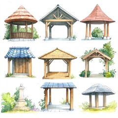 Nine hand-drawn watercolor illustrations of various gazebo designs with different roof styles and wood structures.