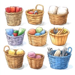 Obraz premium Nine hand-drawn wicker baskets with different contents, like yarn, fabric, balls, utensils, and art supplies, isolated on a white background.