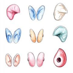 Nine illustrations of cartoon ears in various colors and shapes.