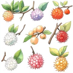 Nine illustrations of colorful, spiky fruit on branches with green leaves isolated on white.
