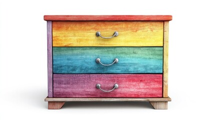 Colorful wooden chest of drawers with three drawers.