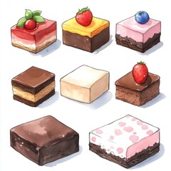 Nine square-shaped desserts with various toppings like strawberries, blueberries, and chocolate.