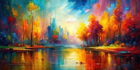 Vibrant Autumnal Landscape Reflecting in a Calm Lake with a City Skyline in the Distance