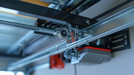 Detailed view of garage door opener mechanism with metal components and wiring