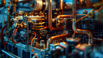Detailed shot of HVAC unit internal components showcasing intricate pipes and valves