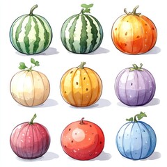Nine watercolor illustrations of colorful pumpkins.