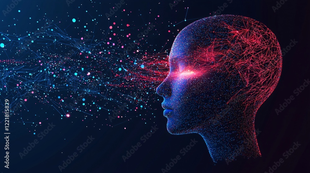 Poster abstract digital human head profile with glowing network connections and data streams