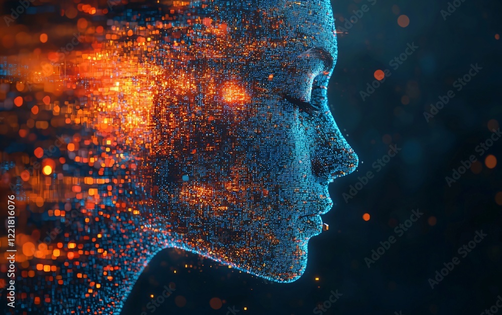Sticker abstract digital face futuristic ai data particles technology concept