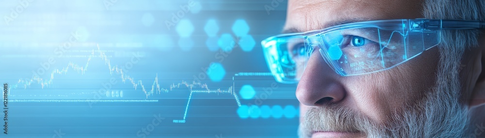 Poster man with glasses analyzes stock market trends on a computer screen, visual representation of financi