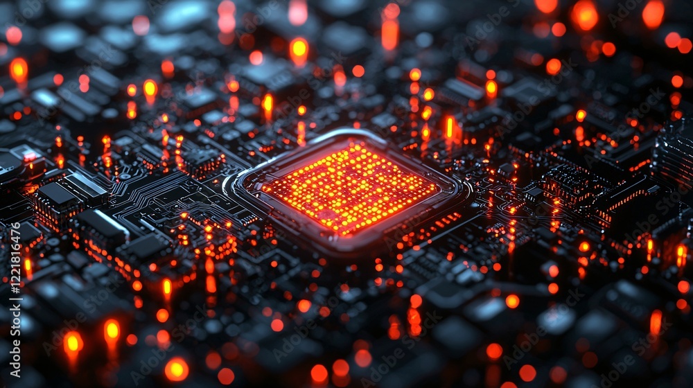 Poster high tech illuminated circuit board with glowing central processor digital technology concept