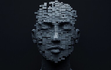 Obraz premium Abstract Digital Human Face Composed of Gray Cubes Pixelated 3D Portrait Technology Concept