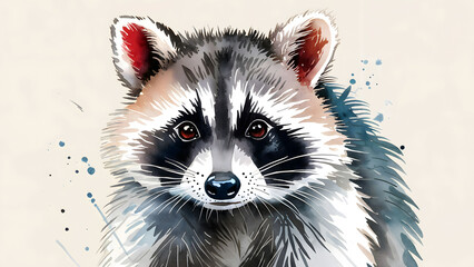 Obraz premium Watercolor Painting of a Raccoon with Soft Brushstrokes and Blue Accents on a Light Beige Background