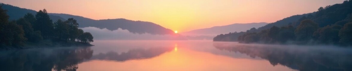 Fototapeta premium Misty dawn on a serene lake with rolling hills and trees, foliage, hill, morning